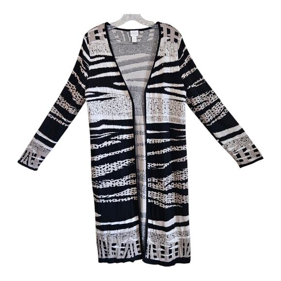 CHICO'S 1 Women 8 10 Cardigan Sweater Duster Open Black Beige Gold Cotton Blend - Picture 1 of 8